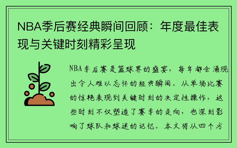 NBA季后赛经典瞬间回顾：年度最佳表现与关键时刻精彩呈现