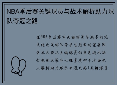 NBA季后赛关键球员与战术解析助力球队夺冠之路