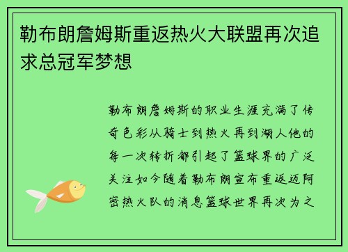 勒布朗詹姆斯重返热火大联盟再次追求总冠军梦想