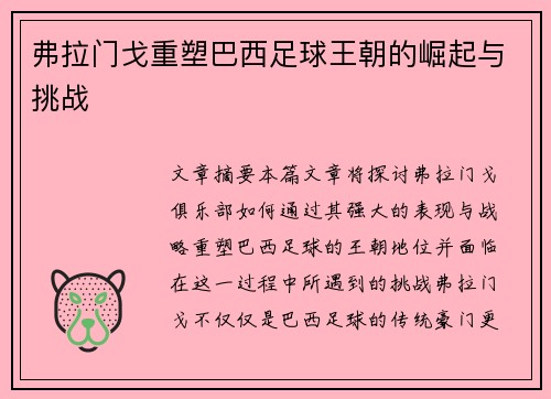 弗拉门戈重塑巴西足球王朝的崛起与挑战